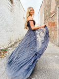 Elegant A line sweetheart neck tulle lace off shoulder long prom dress HZ1024