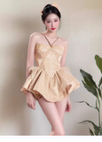 Vintage Golden Halter Dress Design A-line Satin Ruffled Hem Party Dress Homecoming Dress HZ1024