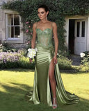 Simple Green Satin Strapless Slit Sequin Mermaid Prom Dress Evening Dress HZ1024
