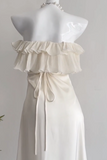 Vintage Ivory Strapless Prom Dress Sheath Ruffled Evening Gown Chiffon Party Dress Long Formal Dress HZ1024
