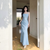 Vintage Shiny Light Blue Spaghetti Strap Mermaid Long Summer Dresses Prom Dress Evening Dress HZ1024