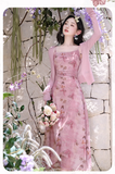 Retro Fashion Pink Flora Design Beach Holiday A-line Spaghetti Strap Dress HZ1024