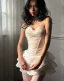 Vintage Ivory A-Line Homecoming Dress Shiny Sweetheart Party Dress Short Strapless Tiered Cocktail Dress HZ1024