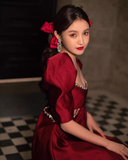 Vintage Burgundy A-Line Homecoming Dress Beaded Short Puff Sleeves Party Dress A-Line Cocktail Dress HZ1024