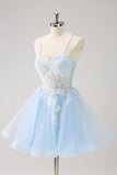 New Fashion Light Blue Flower Embroidery Design A-line Spaghetti Strap Homecoming Dress HZ1024