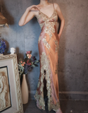 Vintage Champagne Sparkling Beaded Spaghetti Strap Design Elegant Satin Evening Dress Prom Dress HZ1024
