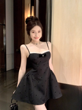 Cute Black Spaghetti Strap Backless Bow Design A-line Lace Homecoming Dress HZ1024