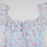 Cute Light Blue Floral Square-neck A-Line Short Summer Dresses Party Dress Homecoming Dress HZ1024