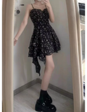 New Fashion Floral Design A-line Black High-waist Sleeveless Spaghetti Strap Dress HZ1024