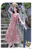 Retro Fashion Pink Flora Design Beach Holiday A-line Spaghetti Strap Dress HZ1024