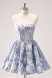 Retro Fashion Blue Corset Design Strapless Mini Party Dress Floral Homecoming Dress HZ1024