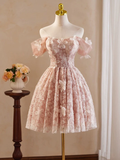 Retro Pink Applique Off-the-shoulder Design A-line Tulle Party Dress Homecoming Dress HZ1024