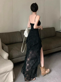 Fashion Black Irregular Ruffled Lace Hem Dress A-line Sleeveless Spaghetti Strap Dress HZ1024