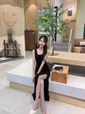 New Fashion Black Sleeveless Elegant Split Spaghetti Strap Dress HZ1024