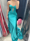 Vintage Turquoise Sheath Evening Gown Strapless Sweetheart Party Dress Satin Slit Floor Length Formal Dress HZ1024