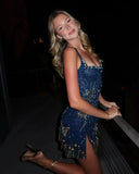 Vintage Navy Blue Shiny Beaded Sheath Homecoming Dress Party Dress Cocktail Dress HZ1024