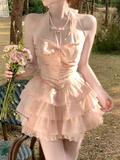 Vintage Pink A-Line Halter-neck Tiered Homecoming Dress Party Dress Cocktail Dress HZ1024