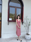 New Fashion Red Streak Casual Sleeveless Spaghetti Strap Dress HZ1024