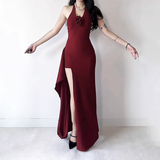 Retro Burgundy/Black Halter-neck 3D Flower Sheath High Slit Long Summer Dresses Prom Dress Evening Dress HZ1024