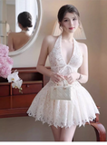 Vintage White V-neck Halter Dress Design A-line Lace Party Dress Homecoming Dress HZ1024