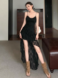 Fashion Black Irregular Ruffled Lace Hem Dress A-line Sleeveless Spaghetti Strap Dress HZ1024