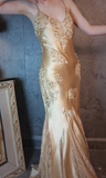 Retro Golden V-neck Sparkling Beaded Backless Design Elegant Satin Evening Dress Prom Dress HZ1024