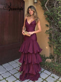 Vintage Burgundy Satin Evening Gown Sheath V-neck Party Dress Tiered Long Formal Dress HZ1024