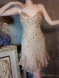 Vintage Champagne Spaghetti Strap V-neck Sparkling Beaded Design Elegant Chiffon Evening Dress Prom Dress HZ1024