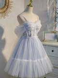 Vintage Light Blue Applique Sweetheart Spaghetti Strap Design A-line Tulle Party Dress Homecoming Dress HZ1024
