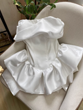 Cute White Strapless Ruffled Hem Design A-line Satin Party Dress Homecoming Dress HZ1024