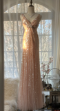 Vintage Champagne Sparkling Sequin Design Romantic Chiffon Evening Dress Prom Dress HZ1024