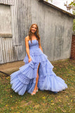 Strapless Pleated Tiered Tulle Prom Dress with Slit HZ1024