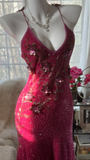 Vintage Shiny Sequin Rose Red Backless Design A-line Romantic Chiffon Evening Dress Prom Dress HZ1024
