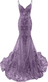 Elegant Lilac Applique Sequin Evening Gown Mermaid Spaghetti Strap V-neck Party Dress Floor Length Formal Dress HZ1024