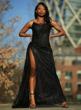 Sexy Black Mermaid Strapless Sequined High Split Long Floor Length Prom Dresses HZ1024