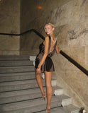 Enchanting Brown Satin Backless Pearl Chain Decoration Short A-Line Party Dress Cocktail Dress Homecoming Dress HZ1024
