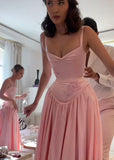 Beautiful Pink Spaghetti Strap Sweetheart A-Line Satin Party Dress Bridesmaid Dress HZ1024