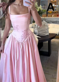 Beautiful Pink Spaghetti Strap Sweetheart A-Line Satin Party Dress Bridesmaid Dress HZ1024