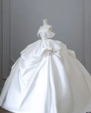 Elegant White Satin Off-the-shoulder Ruffle Ball Gown Design A-Line Wedding Dress HZ1024