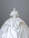 Elegant White Satin Off-the-shoulder Ruffle Ball Gown Design A-Line Wedding Dress HZ1024