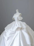 Elegant White Satin Off-the-shoulder Ruffle Ball Gown Design A-Line Wedding Dress HZ1024