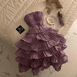 Chic Light Purple A-Line Homecoming Dress Strapless Pleated Party Dress Short Tiered Cocktail Dress HZ1024