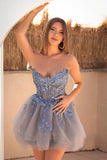 Vintage Blue Applique Strapless Design A-line Tulle Party Dress Homecoming Dress HZ1024