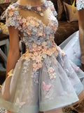 Chic 3D Floral Short-sleeve Design Tulle A-line Mini Homecoming Dress HZ1024