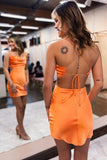 Charming Cute Bodycon Cowl Neck Orange Silk Satin Design A-line Spaghetti Strap Homecoming Dress HZ1024