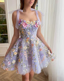 Cute Lavender 3D Floral Design Tulle A-line Mini Strapless Homecoming Dress HZ1024