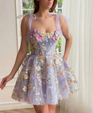 Cute Lavender 3D Floral Design Tulle A-line Mini Strapless Homecoming Dress HZ1024