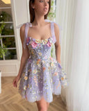 Cute Lavender 3D Floral Design Tulle A-line Mini Strapless Homecoming Dress HZ1024