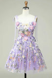 Cute Lavender 3D Floral Design Tulle A-line Mini Strapless Homecoming Dress HZ1024