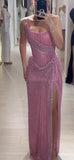 Vintage Pink Glittering Tulle Strapless Evening Gown Sheath Party Dress Long Formal Dress HZ1024